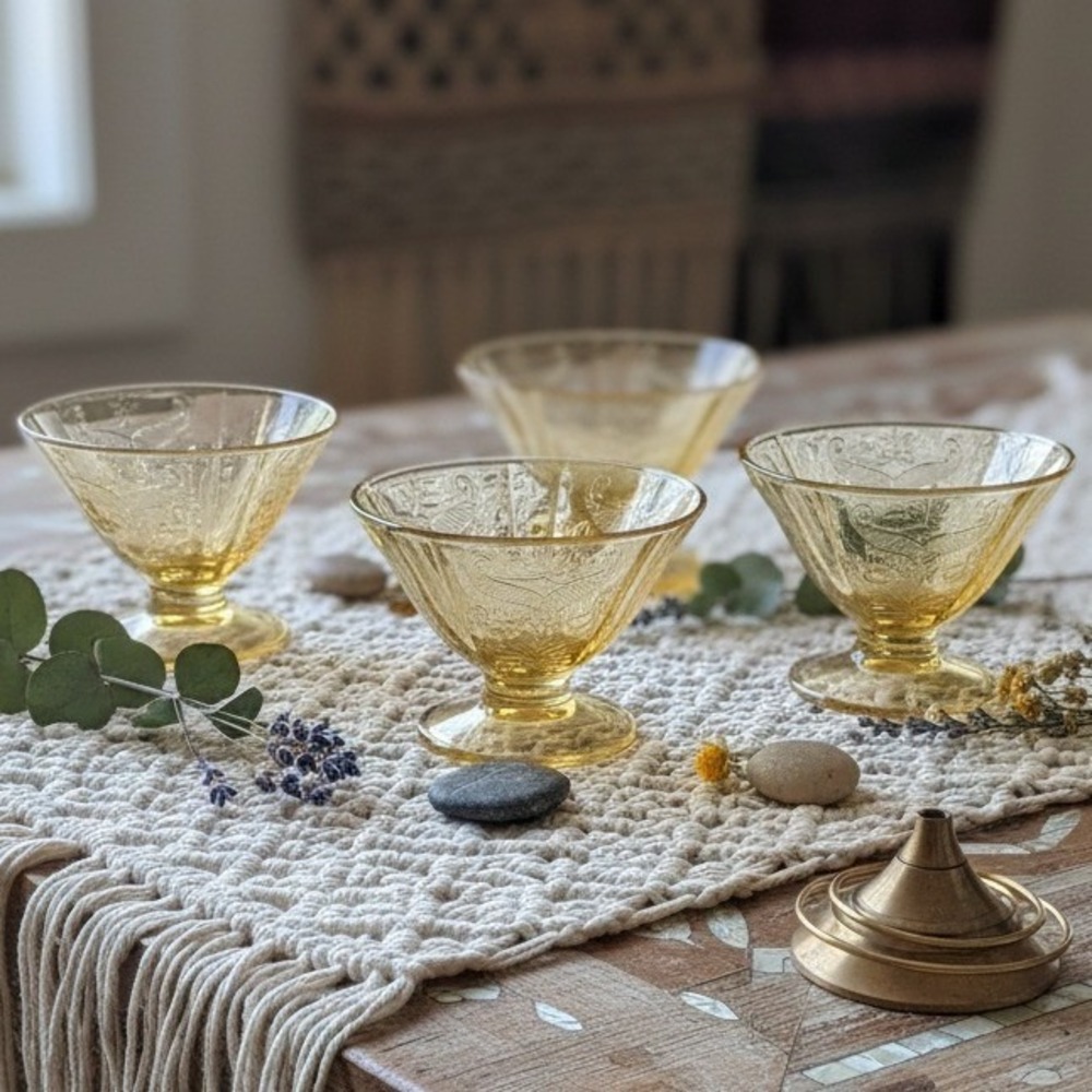 Federal‎ Glass Madrid Amber Sherbet Glasses, Set of 4, Vintage Etched Glassware